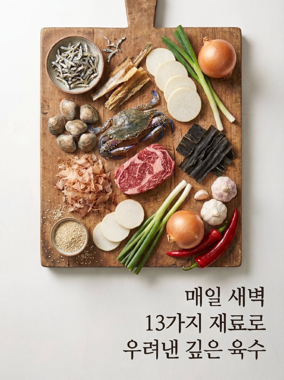 나무 도마 위에 놓인 육수 재료 — 멸치, 디포리, 황태, 무, 대파, 양파, 바지락, 꽃게, 다시마, 마늘, 고추, 가쓰오부시, 참깨