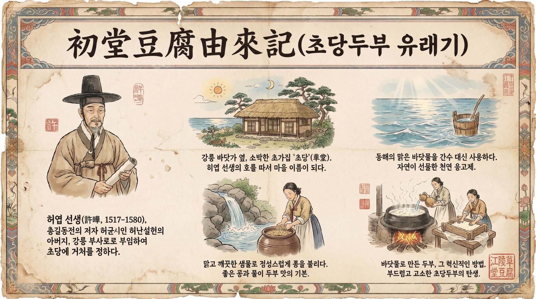 초당두부 유래기 — 허엽 선생, 강릉 초당마을, 동해 바닷물 간수, 콩 불리기, 가마솥 두부 만들기