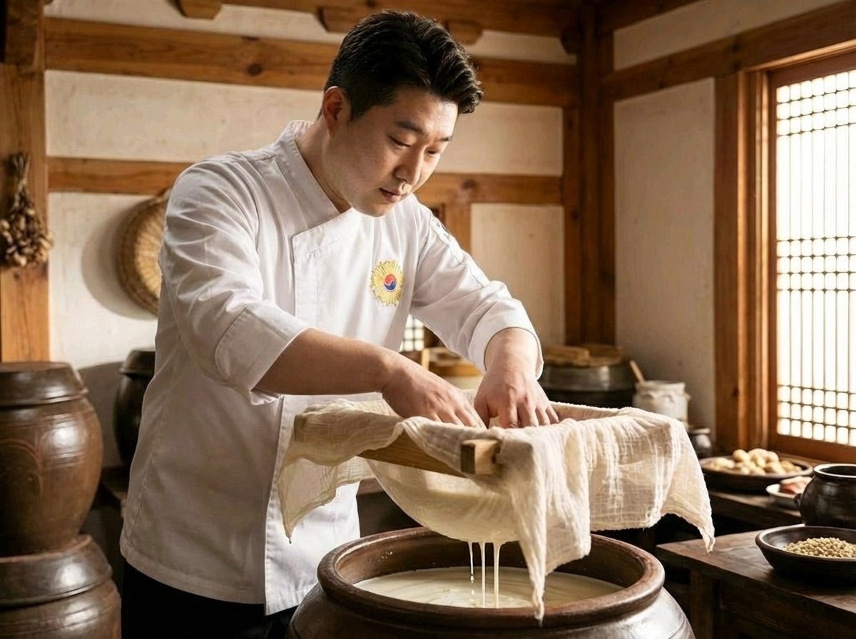 무명천으로 끓인 콩물을 걸러 내는 모습
